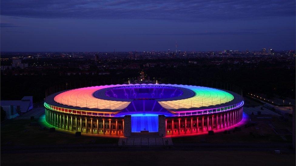 Berlin national stadium with rainbow lights