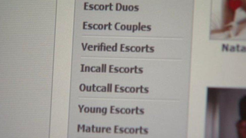 generic screen shot of internet page advertising escourt services