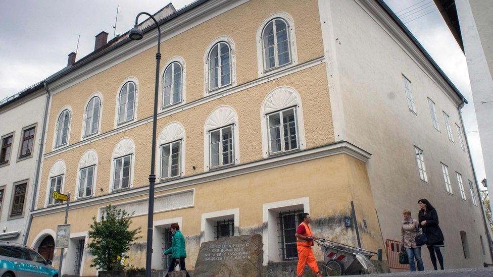 A memorial stone outside the house where Adolf Hitler was born in Braunau Am Inn