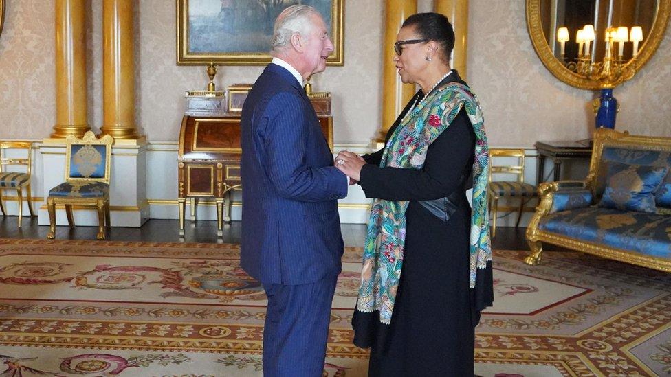 King Charles III during an audience with the Commonwealth Secretary General Baroness Patricia Scotland at Buckingham Palace