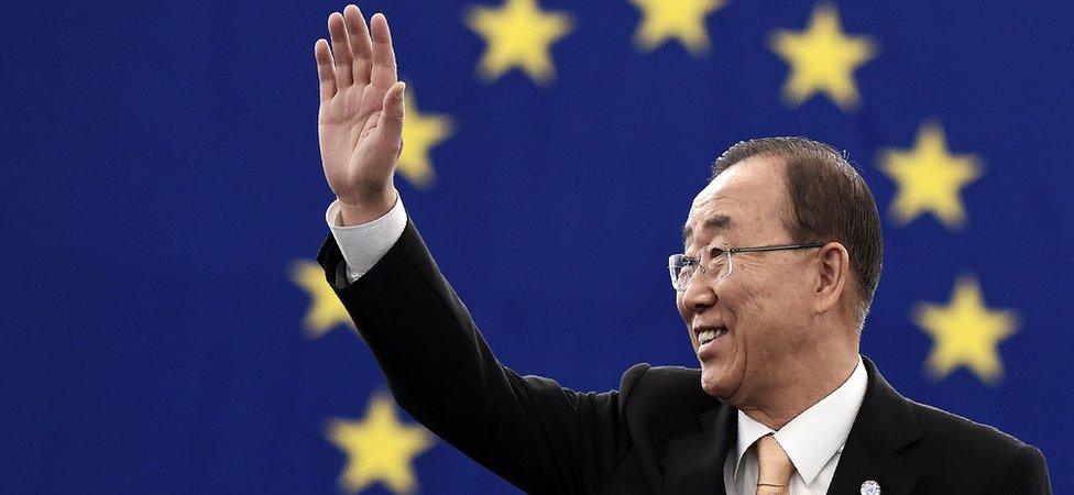 UN Secretary General Ban Ki-moon arrives to take part in a voting session on the UN Climate Change agreement struck in Paris last year at the European Parliament in Strasbourg, eastern France, 4 October 2016