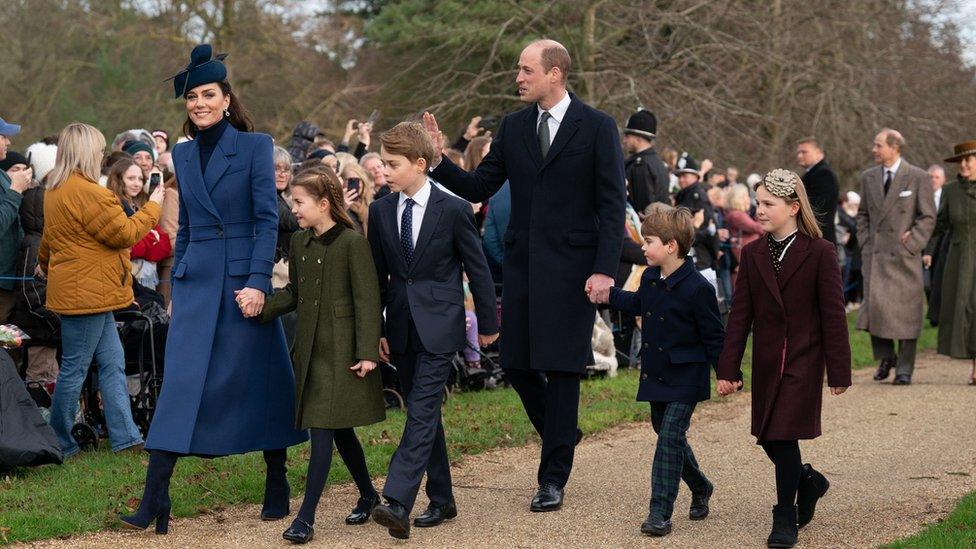 The Princess of Wales, Princess Charlotte, Prince George, the Prince of Wales, Prince Louis and Mia Tindall attending the Christmas Day morning church service at St Mary Magdalene Church in Sandringham, 2023