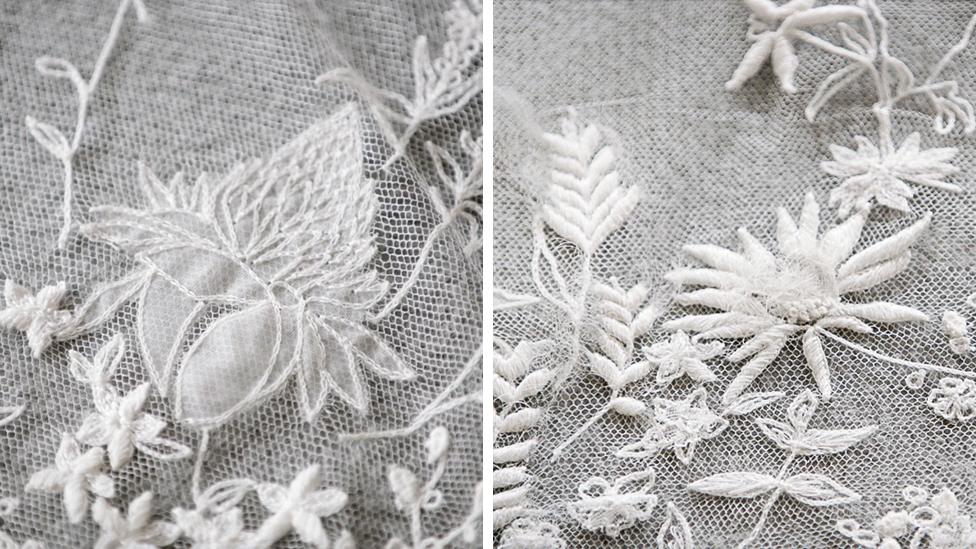 Embroidered wild flowers representing a country of the Commonwealth on the veil of the Duchess of Sussex's wedding dress