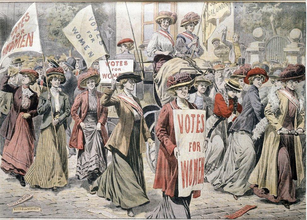 Postcard showing the suffragettes