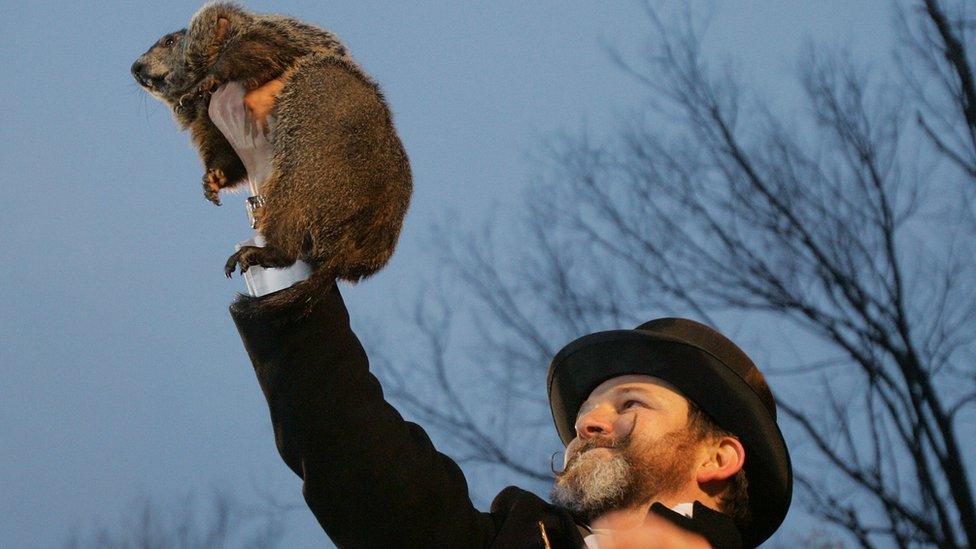 Punxsutawney Phil held aloft