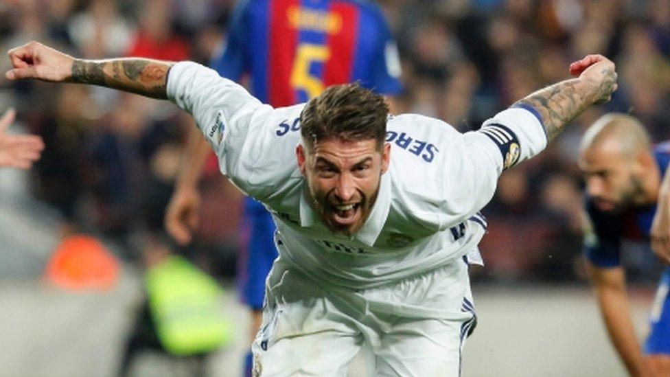 Sergio Ramos celebrates after equalising for Real Madrid at Barcelona