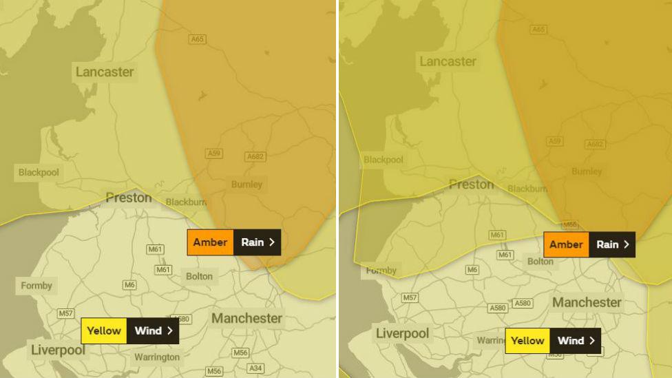 Map of weather warnings for Saturday (left) and Sunday