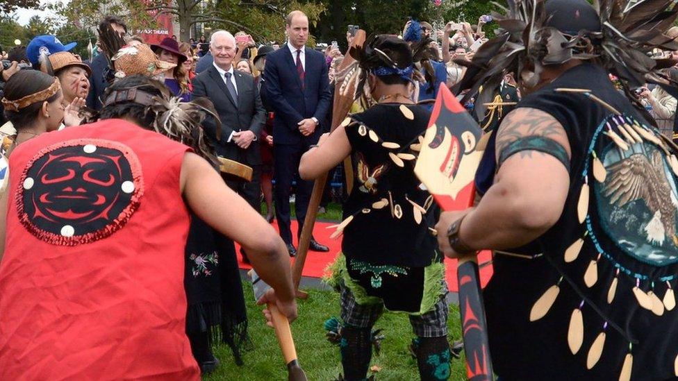 First Nations traditional dancers performed in front of Prince William in Victoria