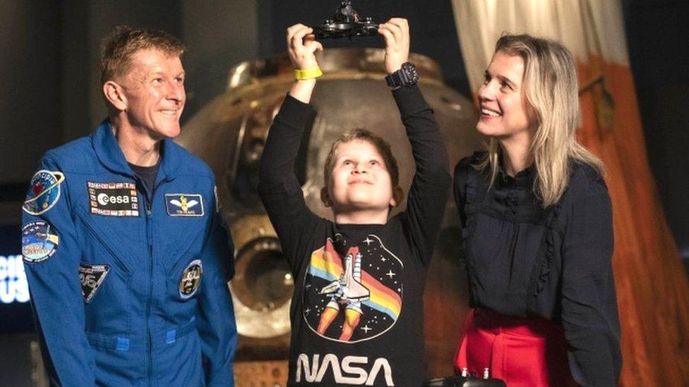 Harry Goodhead, aged 10, the winner of The Institution of Engineering and Technology"s Super Realoes competition with Astronaut Major Tim Peake and former IET President Professor Danielle George MBE on Wednesday March 9, 2022