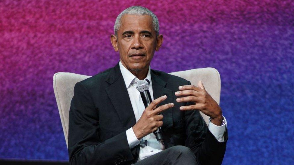 The former President of the United States of America Barack Obama participates in conversation with Andreas Drakopoulos as part of the SNF Nostos Conference 2023, in Athens, Greece, on June 22, 2023.