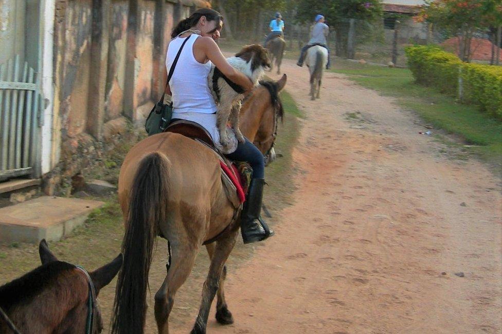 Woman on a horse with her dog