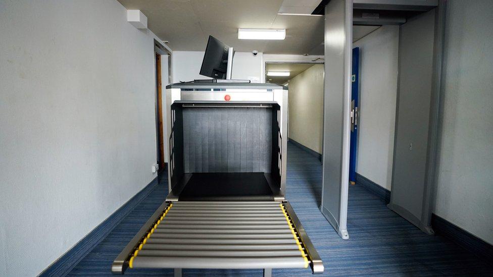 A view of the security check area on the Bibby Stockholm accommodation barge at Portland Port in Dorset, which will house up to 500 asylum seekers.