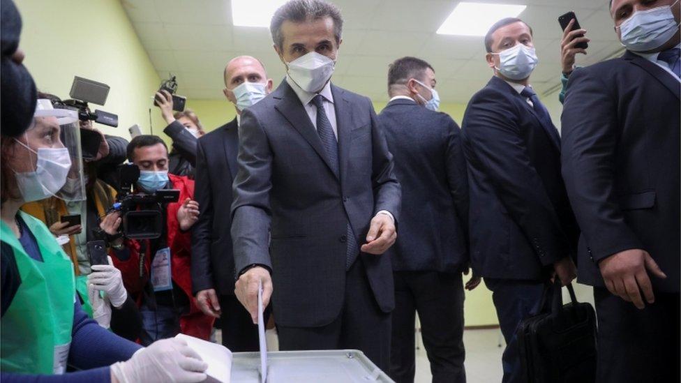 Bidzina Ivanishvili, Georgian ex-Prime Minister, votes during a municipal election in Tbilisi, Georgia, October 2, 2021