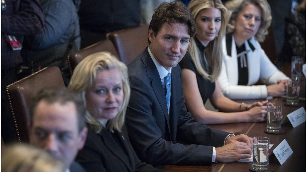 Canadian Prime Minister Justin Trudeau (R-3) and Ivanka Trump (R-2) participate in a roundtable discussion on the advancement of women entrepreneurs and business leaders in the Cabinet Room of the White House in Washington, DC, USA, 13 February 2017. President Donald J. Trump also participated in the event and met with Prime Minister Trudeau in the Oval Office.