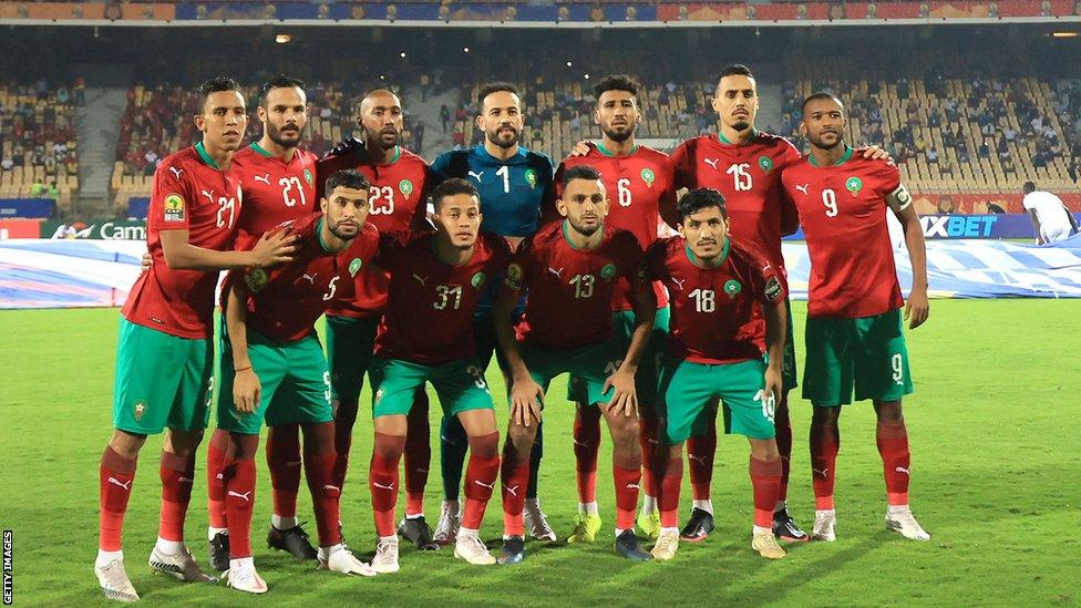 Morocco line up before the 2020 African Nations Championship (CHAN) final against Mali