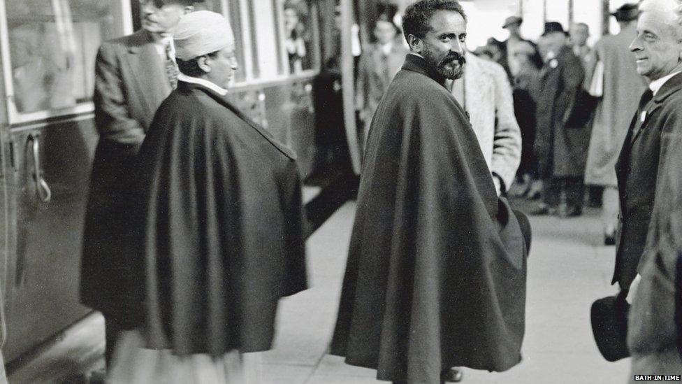 Haile Selassie arriving at Bath Spa station August 1936