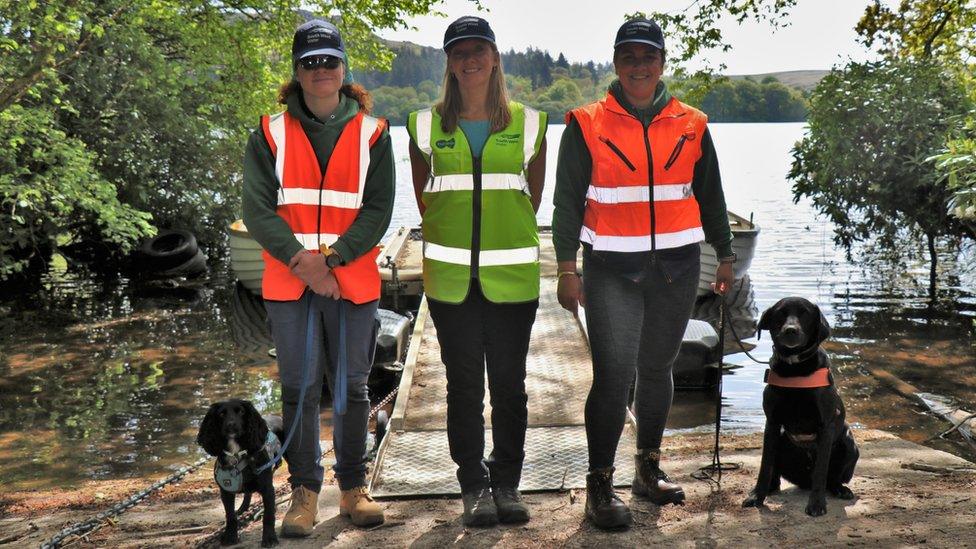 Three women and two dogs