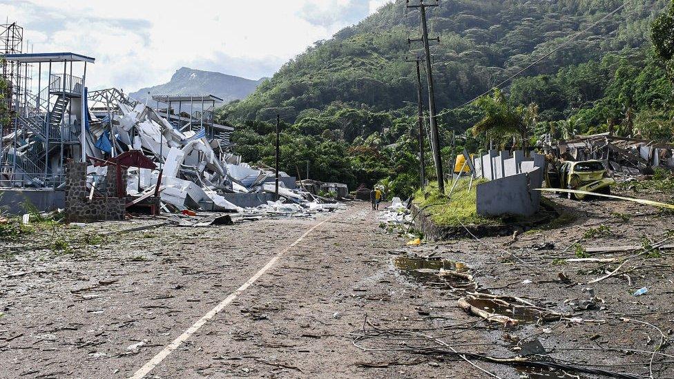 Damaged infrastructure is seen following an explosion at the Providence industrial area in Mahe on December 7, 2023.