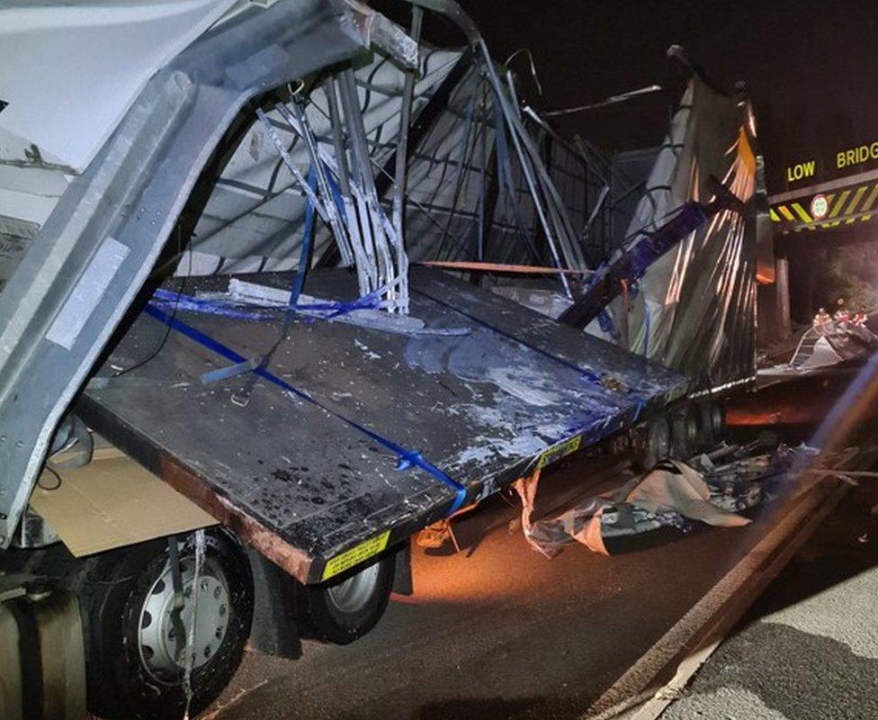 Lorry hit low bridge on A5, in Leicestershire