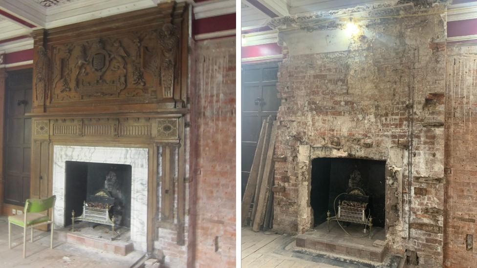 The fireplace at Seighford Hall before and after the overmantel was removed