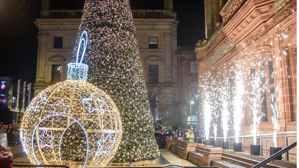 christmas tree and giant bauble in derry