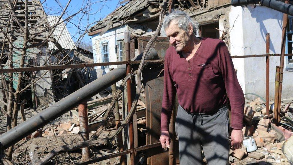 A view of destruction after missile attacks hit Petrovsky district in the pro-Russian separatists-controlled Donetsk in Ukraine on March 21, 2022.