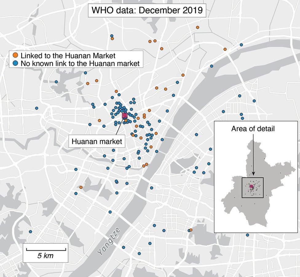 A map showing how early Covid-19 cases clustered around the Huanan market