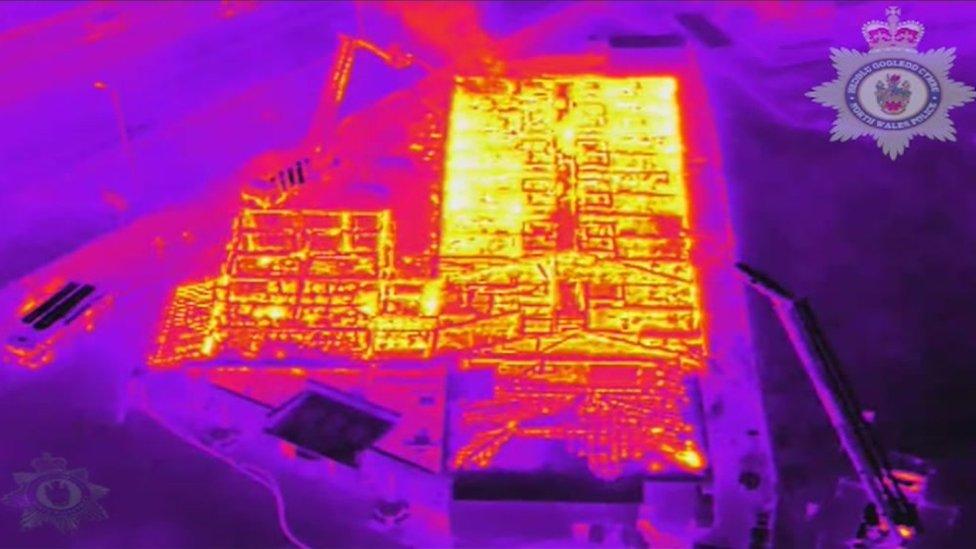 drone thermal image camera footage of the fire at Gateway to Wales Hotel