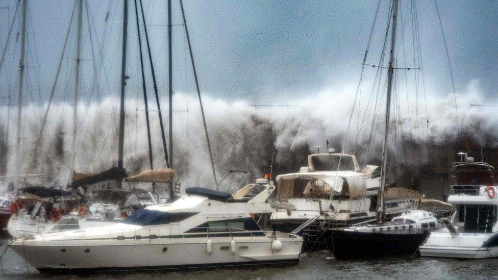 Storm Gloria Waves surge into Barcelona's Olympic Marina