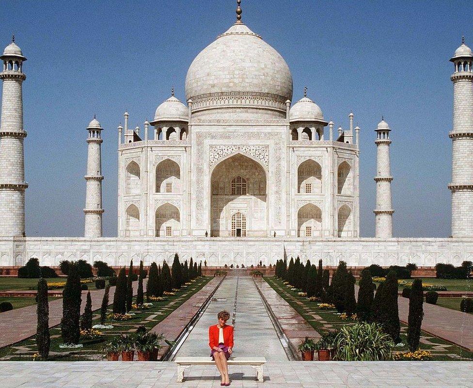 Princess Diana of Wales poses alone at the Taj Mahal during her visit in India in February 1992