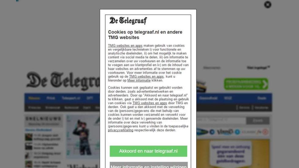 De Telegraaf cookie pop-up