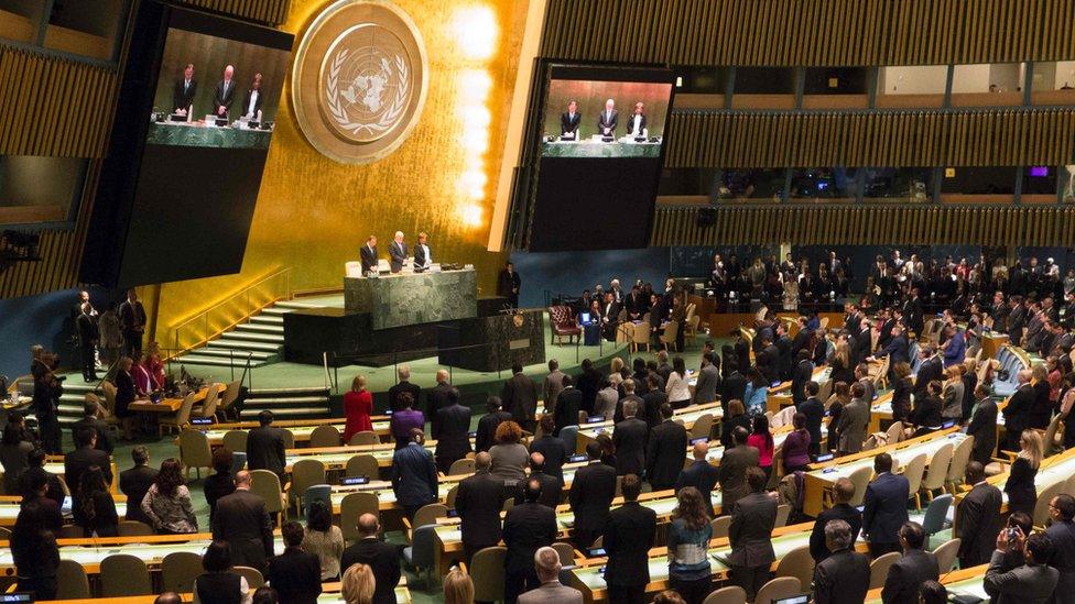 A moment of silence is observed for Thailand"s King Bhumibol Adulyadej during the ceremony for the appointment of the Secretary-General during the 70th session of the General Assembly October 13, 2016 at the United Nations in New York