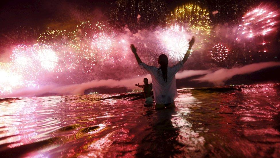 Fireworks explode over Copacabana beach during New Year celebrations in Rio de Janeiro, Brazil. 1 Jan 2016