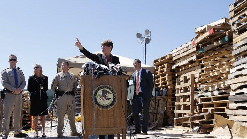 US Attorney Laura Duffy speaks during a news conference to announce the drugs seizure in a lot alongside the border with Mexico (20 April 2016)