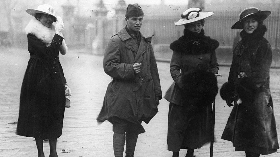 Albert Ball outside Buckingham Palace with members of his family