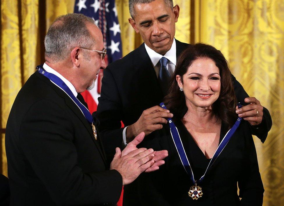 Emilio and Gloria Estefan with Barack Obama