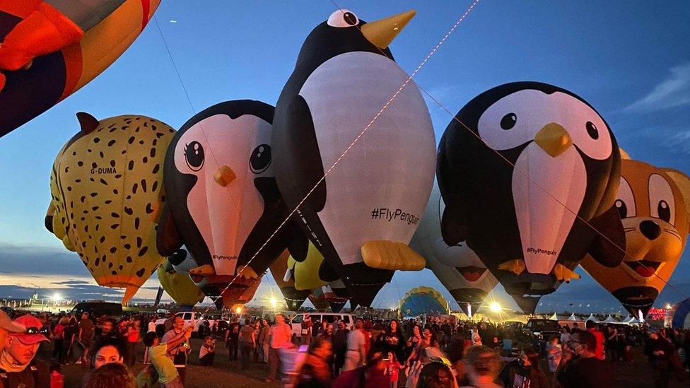 Animal-shaped hot air balloons surrounded by a crowd