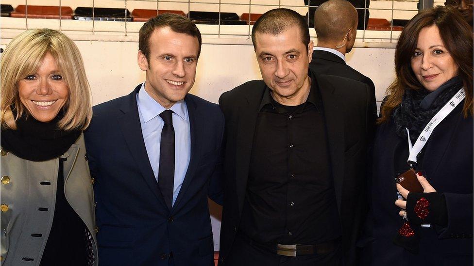 French presidential election candidate for the En-Marche movement Emmanuel Macron and his wife Brigitte Trogneux posing for photographers with RC Toulon's French president Mourad Boudjellal and his wife Linda Boudjellal