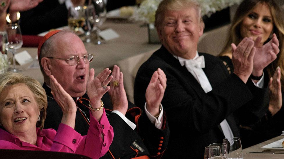 Hillary Clinton with Cardinal Tim Dolan and Donald Trump