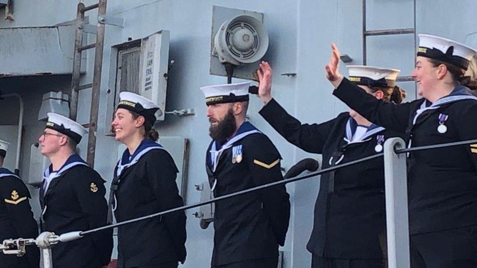 The crew of HMS Montrose in Devonport for the ship's homecoming