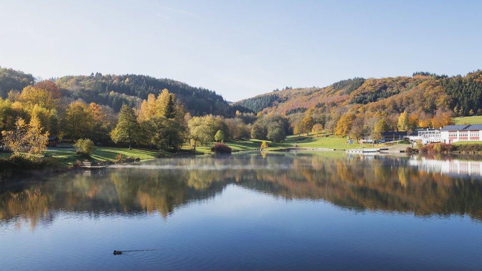 A view of the water and surrounding land of the Eiserbachsee, a lake in Germany