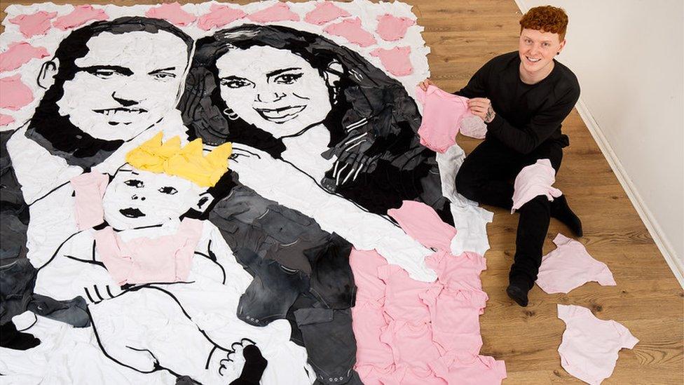 Nathan Wyburn with his portrait of the Duke and Duchess of Cambridge and Princess Charlotte