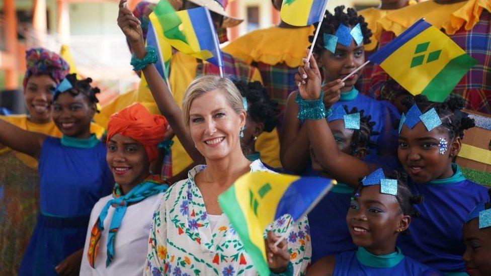 The Countess of Wessex meeting members of the La Gracia Dance Company at St Vincent and the Grenadines Community College in St Vincent and the Grenadines, as she and her husband, the Earl of Wessex, continue their visit to the Caribbean, to mark the Queen"s Platinum Jubilee. Picture date: Saturday April 23, 2022.