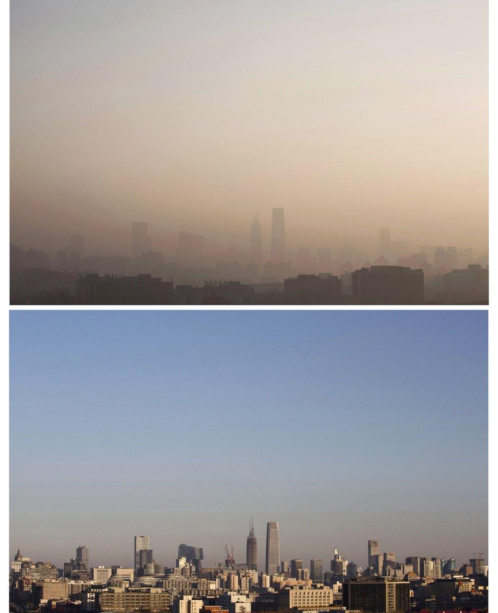 A composite image of the the skyline of the city showing severe smog (top) that lifted by the evening of 10 December