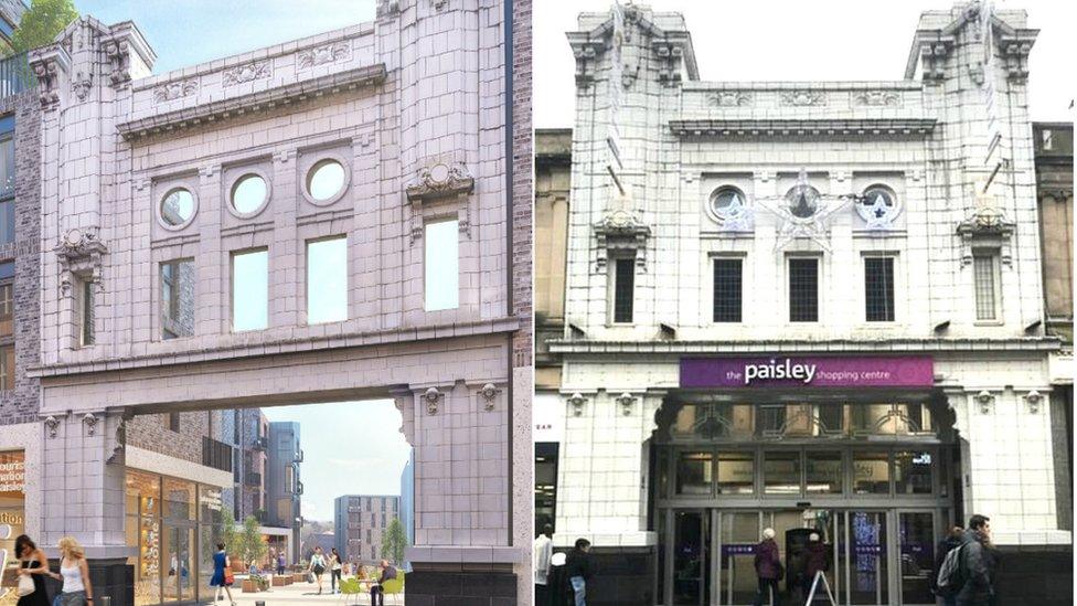 A computer generated image of the entrance to the Paisley Centre and current shot composite