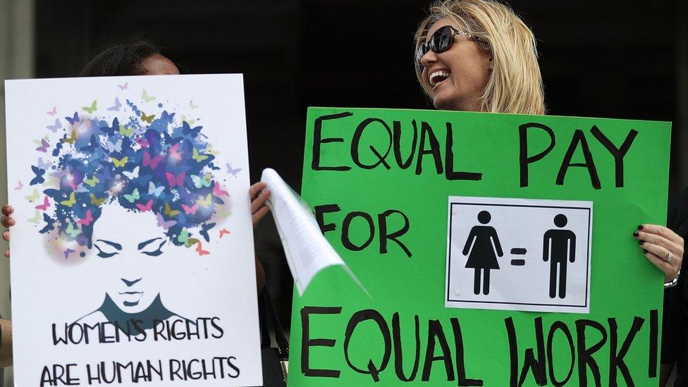 Elana Goodman joins with other protesters to ask that woman be given the chance to have equal pay as their male co-workers on March 14, 2017 in Fort Lauderdale, Florida. The protest was held as the legislation in the state of Florida looks at passing the Helen Gordon Davis fair pay protection act that would strengthen state laws in terms of equal pay.