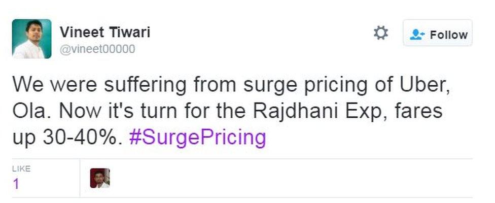 We were suffering from surge pricing of Uber, Ola. Now it's turn for the Rajdhani Exp, fares up 30-40%. #SurgePricing