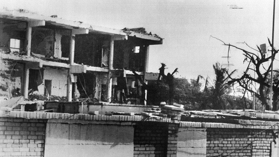 Aftermath of suicide bomb attack on US embassy in Kuwait (12 December 1983)