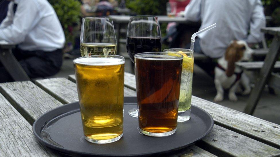 Tray of drinks in a beer garden