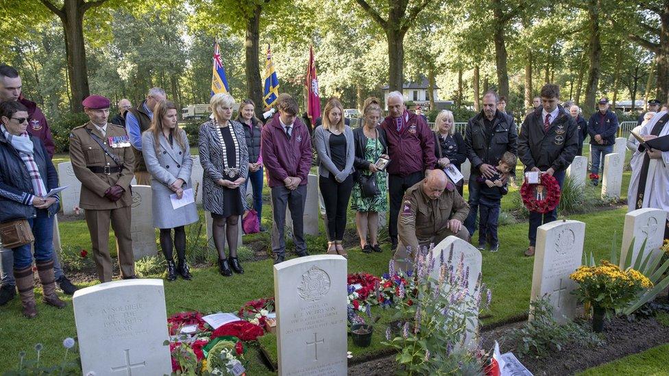 Family and friends of Dennis Collier attend an Interment of Ashes service at the CWGC Oosterbeek War Cemetery near Arnhem, Netherlands.